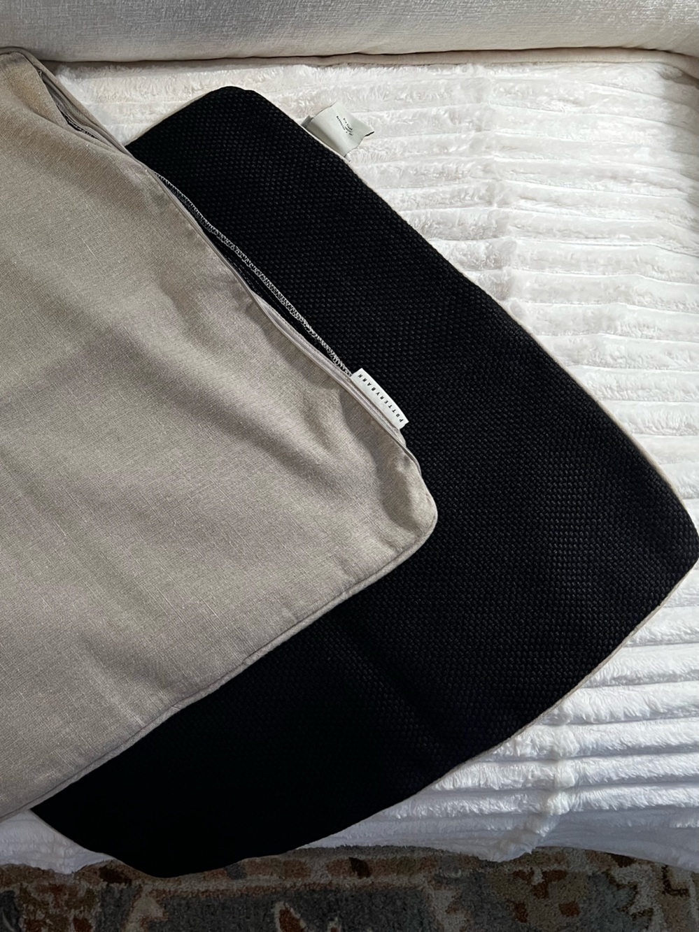 (2) 20x20” Pottery Barn Neutral Linen Pillow Cover with Black Knit Back